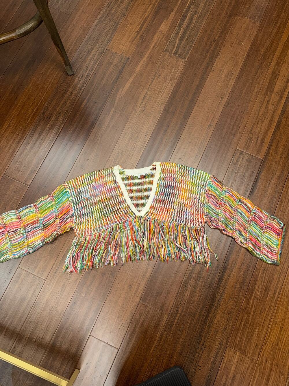 Ivory Rose Cropped Rainbow Fringe Boho Festival Sweater L Large